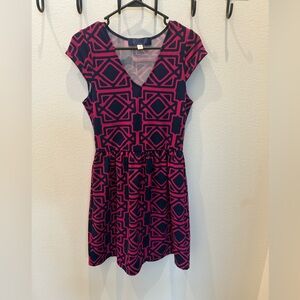 Geometric Pink & Navy Fit and Flare Dress – Size M